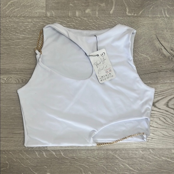 Tops - White Sleeveless Top with Gold Chain Detail